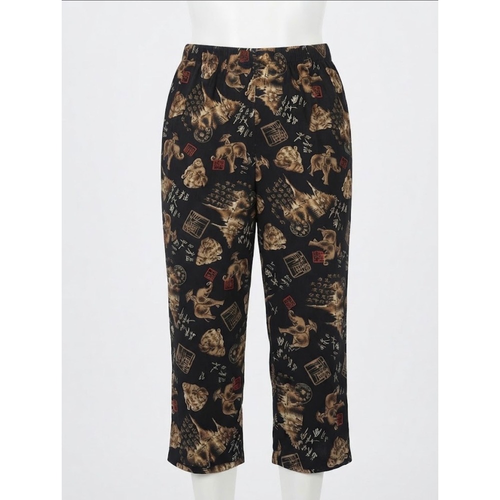 Chico's Asian Print Crop Slinky Stretch Pants Sz M Elephant Buddha Y2K Black
